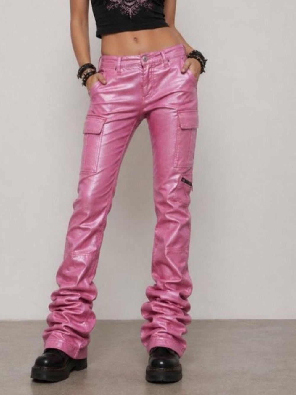 Women's Pink Faux-Leather Flare Cargo Pants